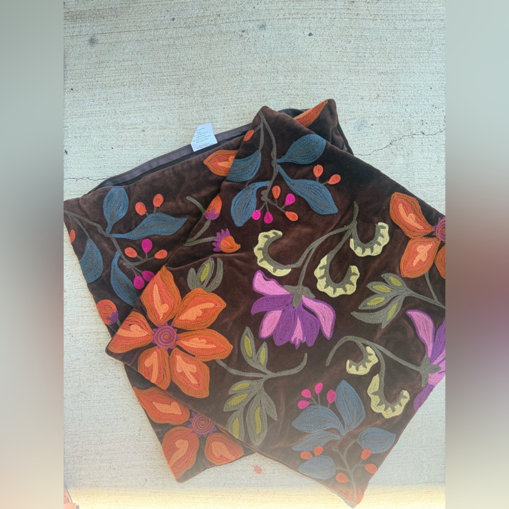 Crate & Barrel Brown Floral Throw Pillow Sham Cover Set, 18x18